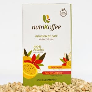 Infusión de café verde con flor de Jamaica y maracuyá, display x 20 sobres.