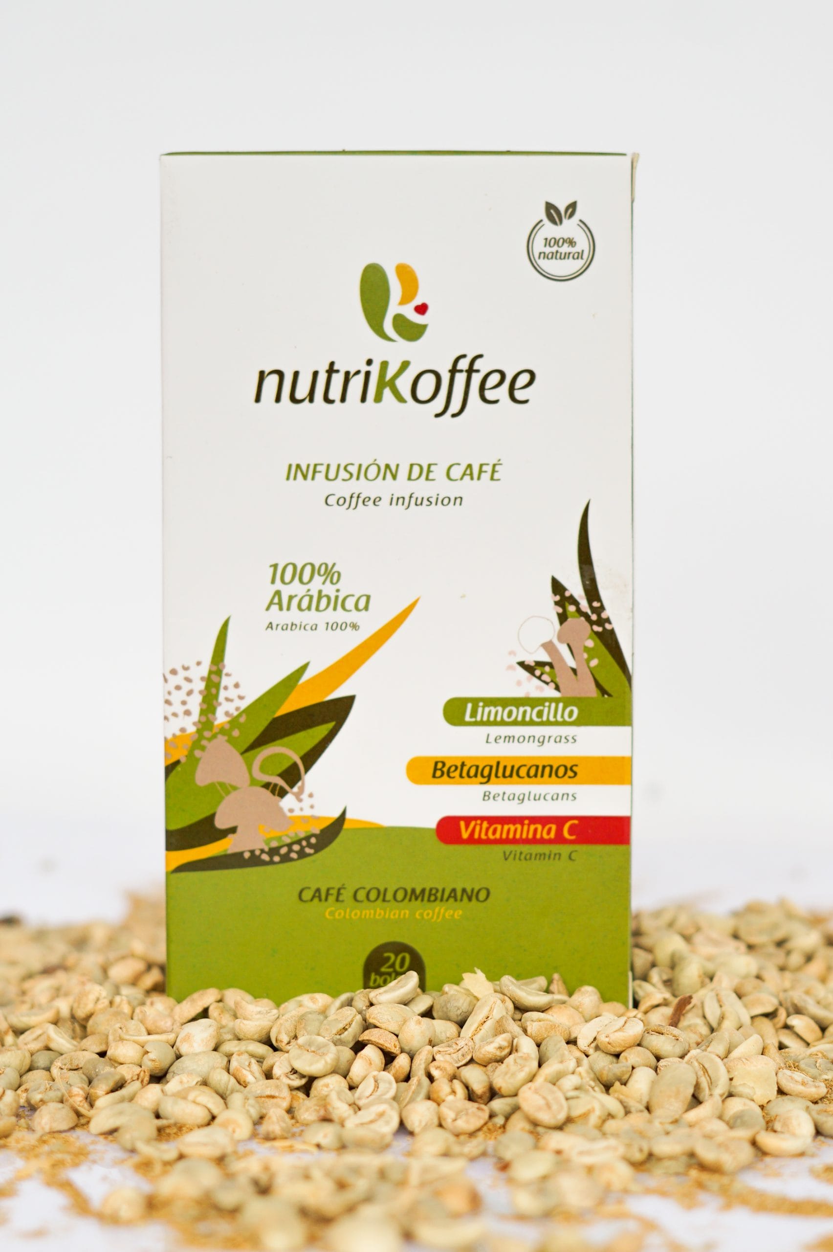 Infusión de café verde con limoncillo, betaglucanos y vitamina C. Display x 20 sobres.